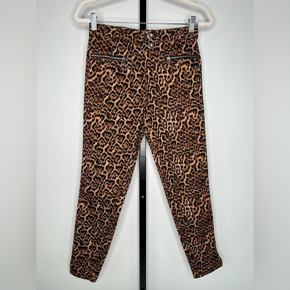 Zara Women Leopard Print Pants - Stretch Jeans Zipper Front Accents